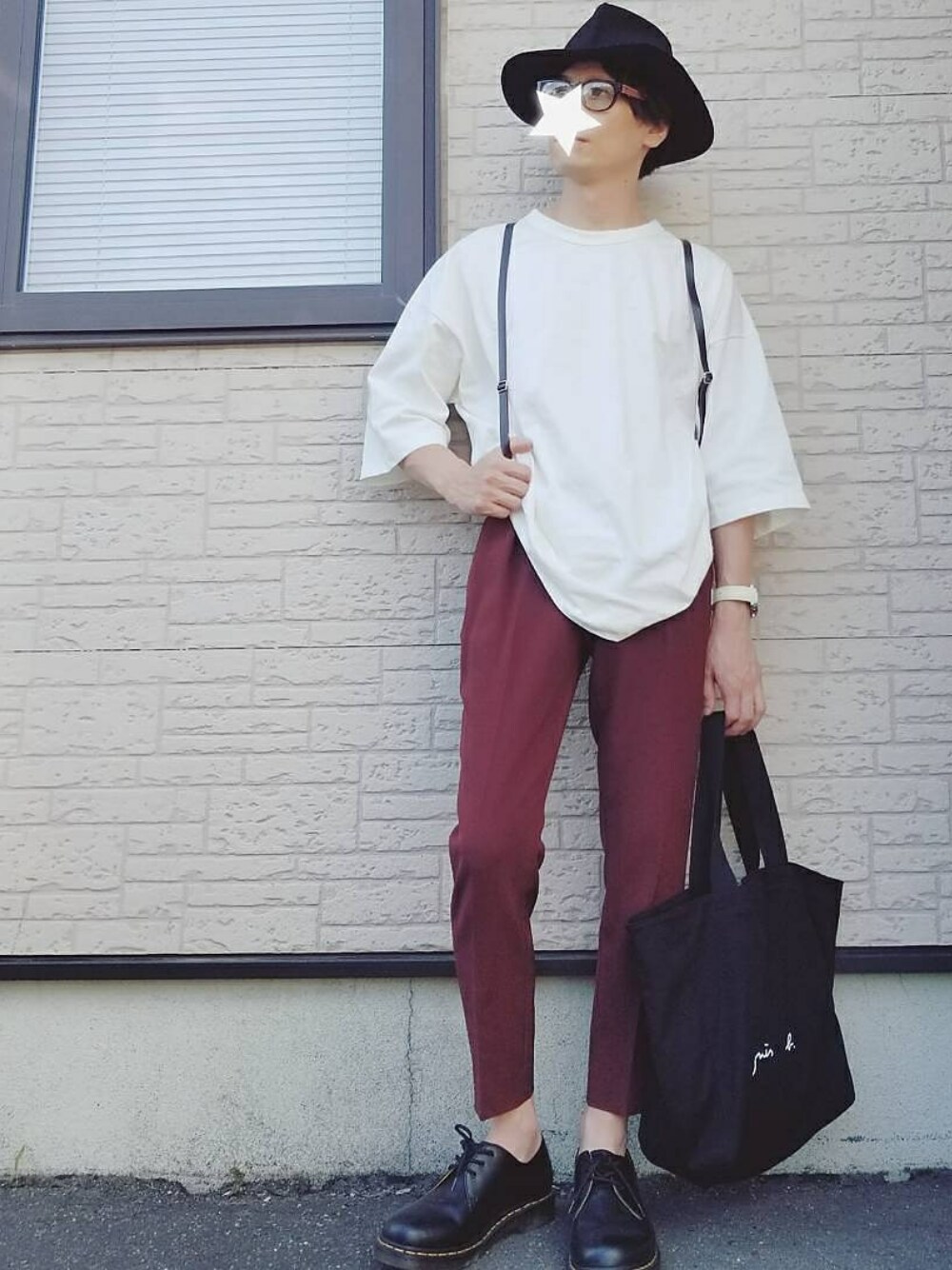 「サスペンダー、休日スタイル」｜「Dr. MartensのDr.Martens ドクターマーチン 1461Z 3EYE GIBSON SHOE 3ホール ギブソン シューズ 11838002 BLACK（ブーツ、ブラック系）」を使った、タスクさん（メンズ・173cm）の夏コーディネートの1枚目の写真