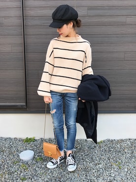 「Ungrid（アングリッド）のインディゴフレイドヘムストスリ（デニムパンツ）」を使った、chiさん（レディース・162cm）の冬コーディネート