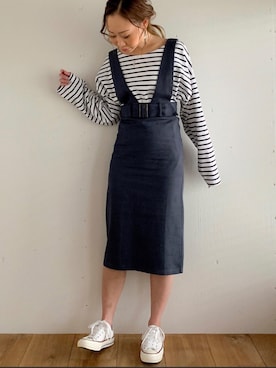 「JUNOAH（ジュノア）のアイテム（オールインワン・サロペット）」を使った、moi☺︎さん（レディース・154cm）の春コーディネート
