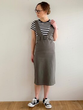 「JUNOAH（ジュノア）のアイテム（オールインワン・サロペット）」を使った、moi☺︎さん（レディース・154cm）の春コーディネート