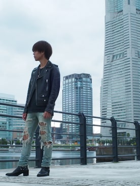 「SAINT LAURENT PARIS（サンローランパリ）のアイテム（ライダースジャケット）」を使った、みずごろーさん（メンズ・168cm）の秋コーディネート