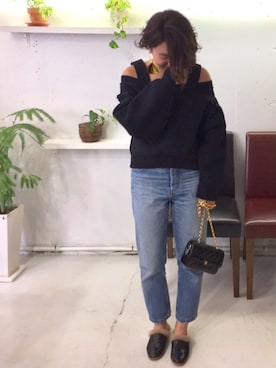 「UN3D.（アンスリード）のボリュームタックニットトップ（Knitwear、ブラック系）」を使った、katsumiさん（レディース）の春コーディネート