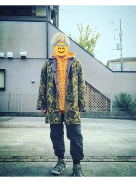 「GU（ジーユー）のアイテム（パンツ、グリーン系）」を使った、にっしーさん（メンズ・167cm）の冬コーディネート