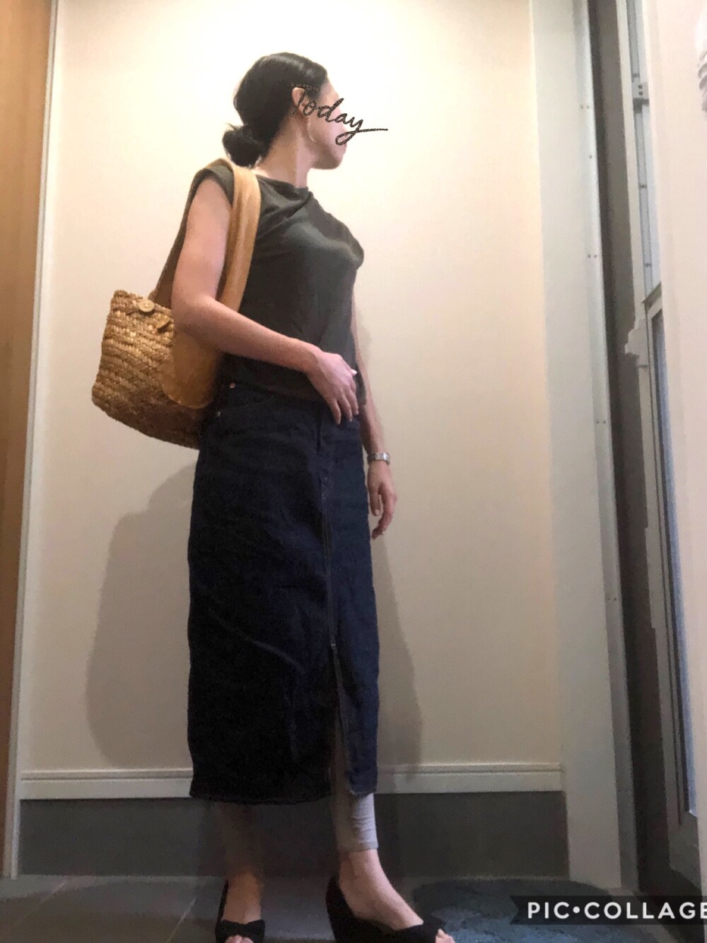 「シンプル、ootd、ママコーデ」｜「THE SHINZONEのMARILYN（デニムスカート、ブルー系）」を使った、K.K.Mさん（レディース・163cm）の夏コーディネートの1枚目の写真