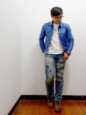 「blue」｜「アイテム（ライダースジャケット）」を使った、Wayneさん（メンズ・170cm）の秋コーディネート