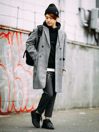 LOUNGE LIZARDレオパード柄 チェスターコート グレー LOUNGE LIZARD（ラウンジリザード）の「TOP GLEN CHECK ダブルブレスト