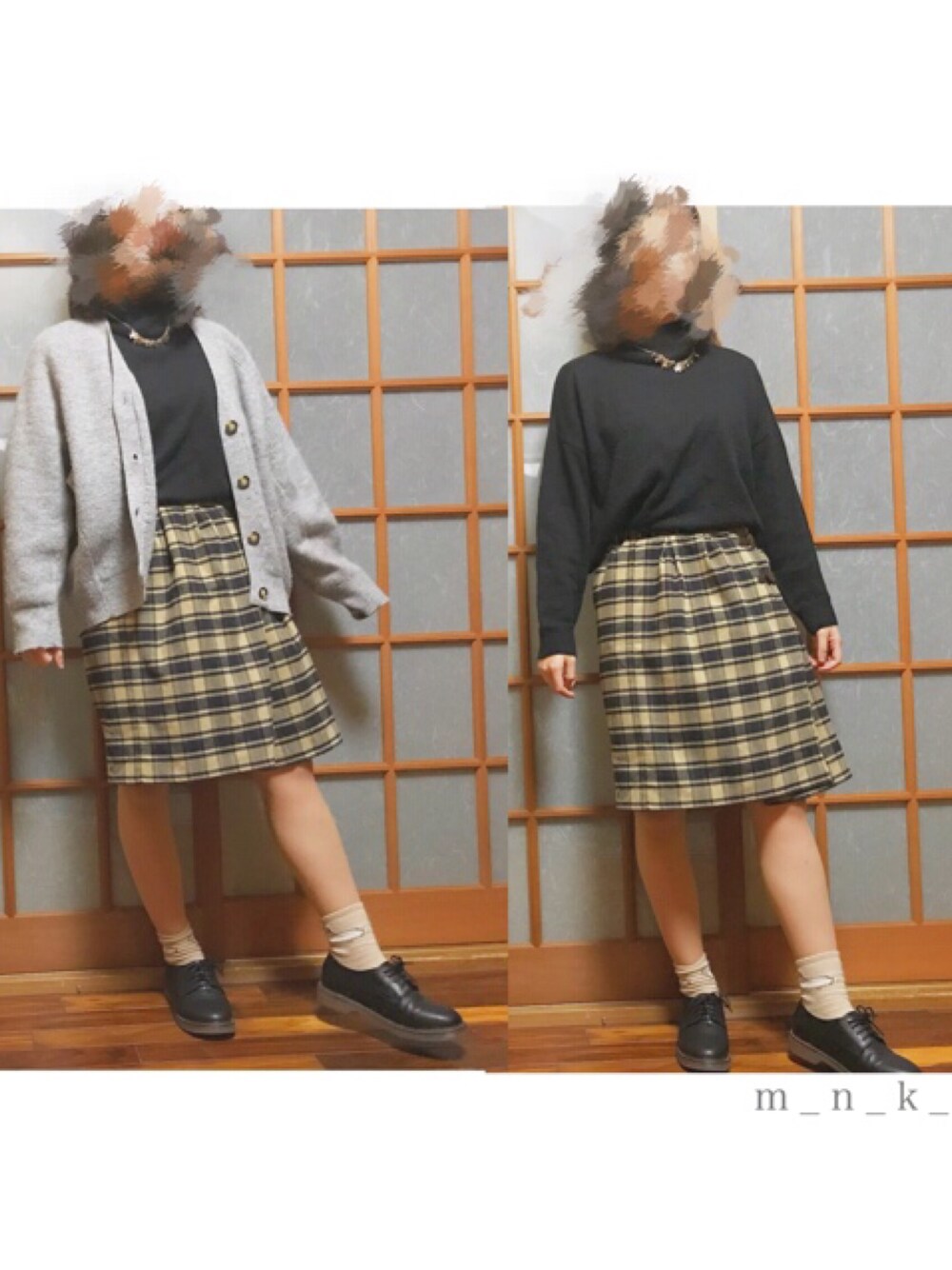 「大人カジュアル、おしゃれさんと繋がりたい、プチプラ、タイトスカート、GU、RETRO GIRL、チェックスカート、マーチンもどき、足元倶楽部」｜「GUのアイテム（カーディガン/ボレロ、グレー系）」を使った、◇  m a n a k a  ◆さん（レディース・160cm）の秋コーディネートの1枚目の写真