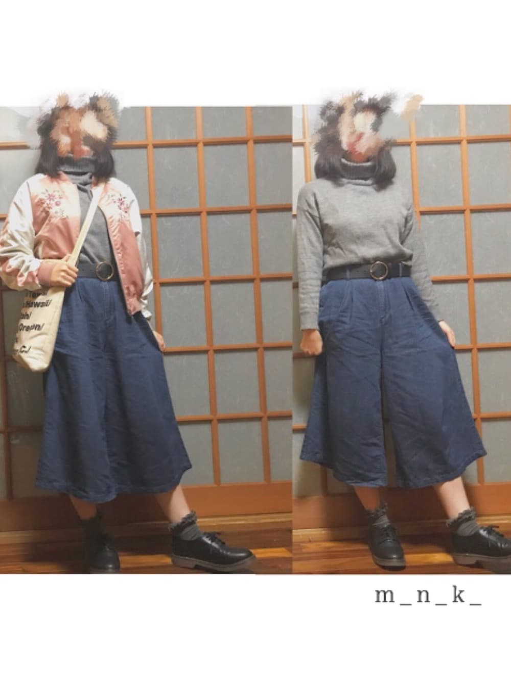 「シンプルコーデ、パンツスタイル、デニム、ワイドパンツ、ニット、ローファー、タートルネック、ブルゾン、しまめるコーデ、ピンク」｜「しまめるのアイテム（ブルゾン、ピンク系）」を使った、◇  m a n a k a  ◆さん（レディース・160cm）の冬コーディネートの1枚目の写真
