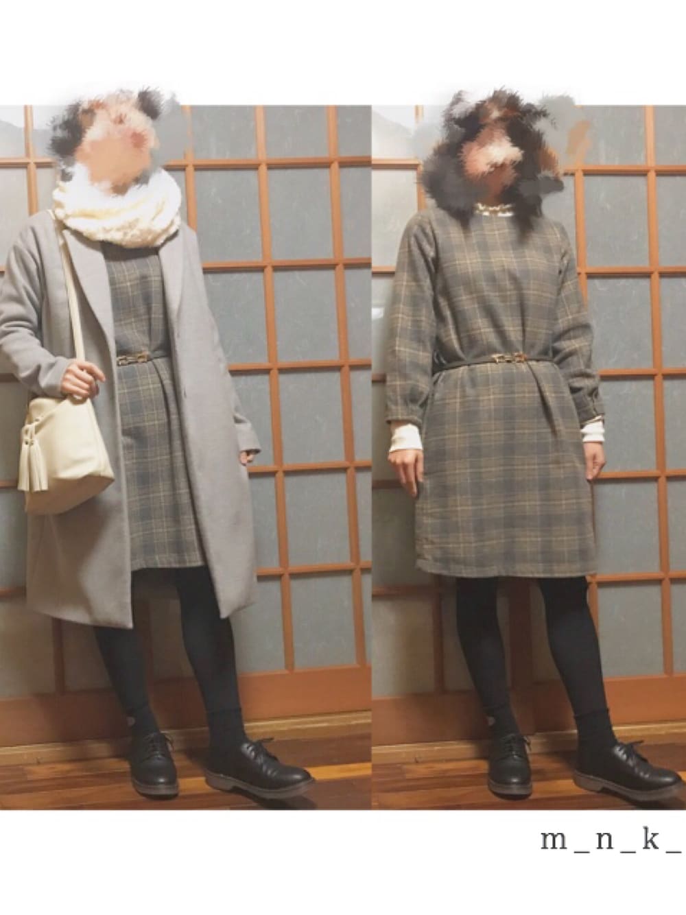 「冬、大人カジュアル、ワンピース、チェック、おしゃれさんと繋がりたい、オトナ女子、ロングコート」｜「Samansa Mos2の衿フリルリブタートル無地（ニット/セーター、ホワイト系）」を使った、◇  m a n a k a  ◆さん（レディース・160cm）の冬コーディネートの1枚目の写真