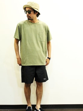 「膝上ショーツ」｜「アイテム（帽子）」を使った、twothings&thinkさん（メンズ・168cm）の夏コーディネート