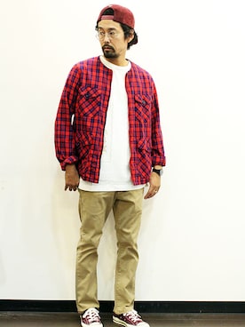 「アイテム（ノーカラージャケット、レッド系）」を使った、twothings&thinkさん（メンズ・168cm）の秋コーディネート
