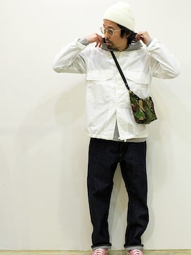 「アイテム（ニットキャップ/ビーニー、ホワイト系）」を使った、twothings&thinkさん（メンズ・168cm）の春コーディネート