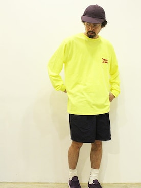 「膝上ショーツ」｜「アイテム（帽子）」を使った、twothings&thinkさん（メンズ・168cm）の夏コーディネート