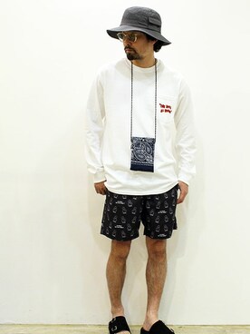 「MANEBU（マネブ）のアイテム（サンダル）」を使った、twothings&thinkさん（メンズ・168cm）の夏コーディネート