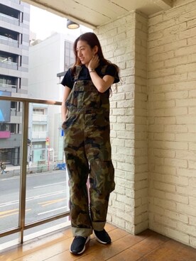 「カモ柄」｜「アイテム（オールインワン・サロペット）」を使った、たえかさん（レディース・165cm）の春コーディネート