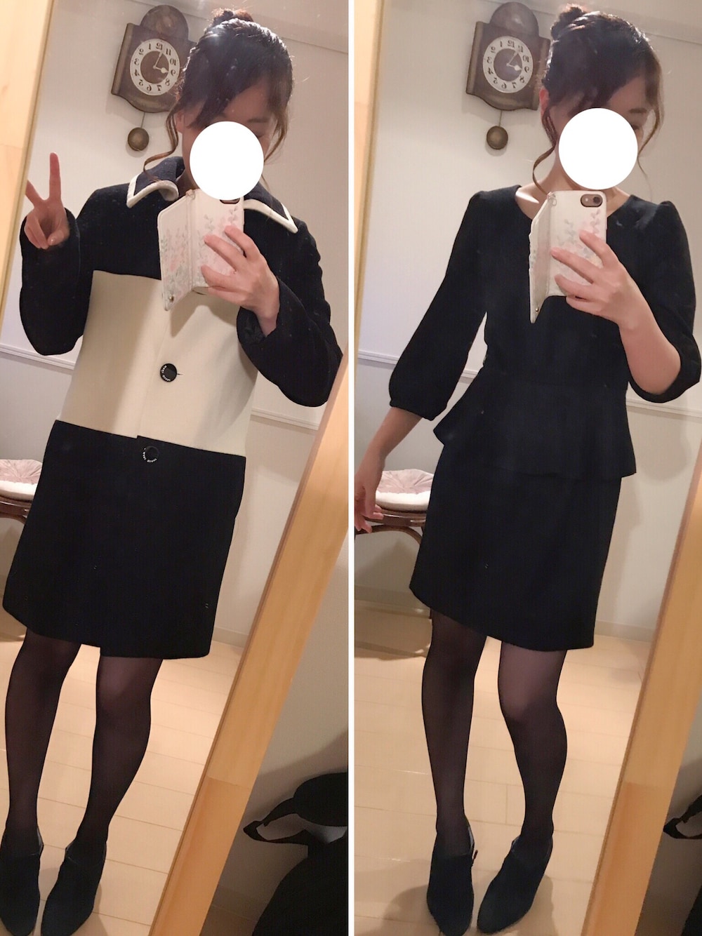 「ワンピース、ぺプラム、ネイビー」｜「MARY QUANTのアイテム（ピーコート、ホワイト系）」を使った、yuinnyuinnさん（レディース・153cm）の秋コーディネートの1枚目の写真