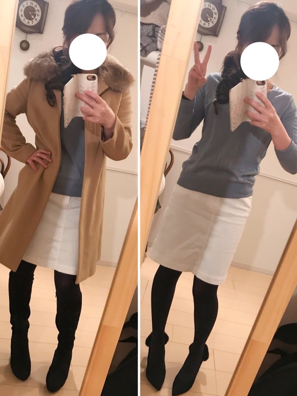 「ベージュ、ファー、ロングコート」｜「KUMIKYOKU sisのアイテム（デニムスカート、ホワイト系）」を使った、yuinnyuinnさん（レディース・153cm）の冬コーディネートの1枚目の写真