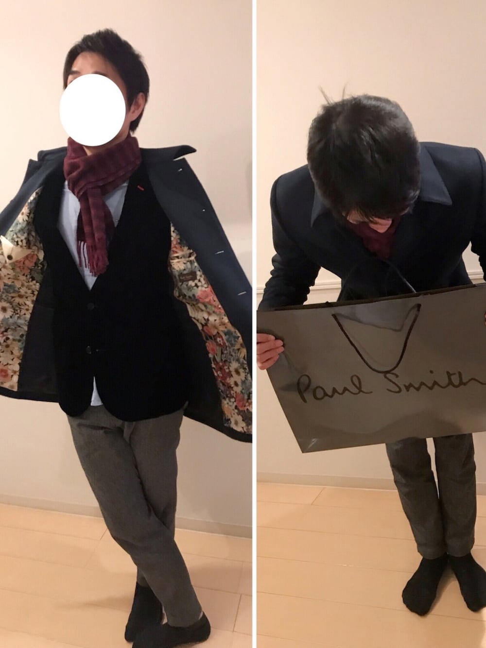 「主人、ポールスミス」｜「Paul Smithのアイテム（ピーコート、ブルー系）」を使った、yuinnyuinnさん（レディース・153cm）の冬コーディネートの1枚目の写真
