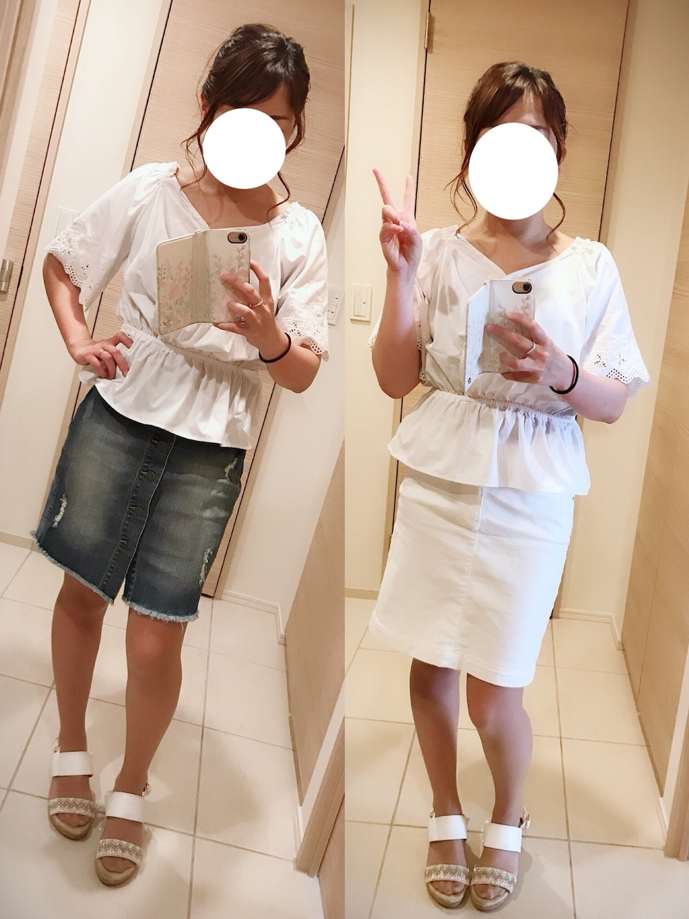 「デニムスカート、白コーデ」｜「Stola.のアイテム（シャツ/ブラウス、ホワイト系）」を使った、yuinnyuinnさん（レディース・153cm）の夏コーディネートの1枚目の写真