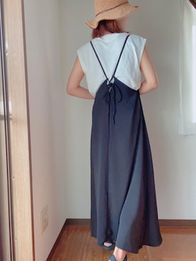 「tiptop（ティップトップ）の2020SS　バックリボンキャミワンピースTシャツセット（ワンピース、ブラック系）」を使った、きちさん（レディース・163cm）の夏コーディネート