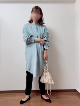「しまむら（シマムラ）のアイテム（シャツワンピース、ブルー系）」を使った、きちさん（レディース・163cm）の秋コーディネート