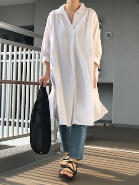 「ZOZO（ゾゾ）のスリムテーパードデニムパンツ［WOMEN］（デニムパンツ）」を使った、ぷにさん（レディース・165cm）の夏コーディネート