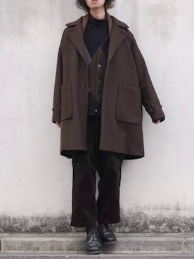 「VICTIM（ヴィクティム）のアイテム（ステンカラーコート）」を使った、Kazuさん（メンズ・178cm）の冬コーディネート