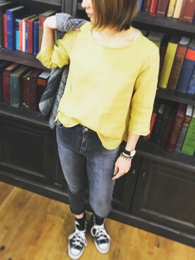「linumのhttps://www.creema.jp/item/4799515/detail（シャツ/ブラウス、イエロー系）」を使った、miiiiiulmさん（レディース・166cm）の秋コーディネート