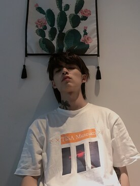 「有家博物馆のアイテム（Tシャツ/カットソー、ホワイト系）」を使った、Wyepさん（メンズ・180cm）の夏コーディネート