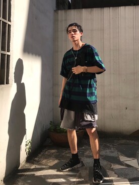 「有家博物馆のアイテム（Tシャツ/カットソー、グリーン系）」を使った、Wyepさん（メンズ・180cm）の夏コーディネート
