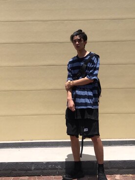 「有家博物馆のアイテム（Tシャツ/カットソー、ブルー系）」を使った、Wyepさん（メンズ・180cm）の夏コーディネート