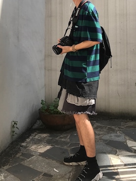 「TB有家博物馆のアイテム（Tシャツ/カットソー、グリーン系）」を使った、Wyepさん（メンズ・180cm）の夏コーディネート