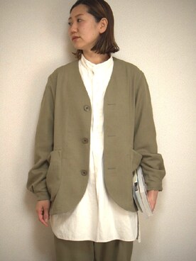 「Snow Peak（スノーピーク）のアイテム（ノーカラージャケット）」を使った、A Yさん（レディース・163cm）の春コーディネート