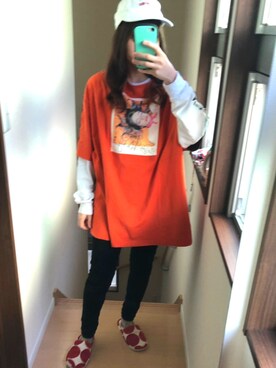 「Little sunny bite（リトルサニーバイト）のLittleSunnyBite/リトルサニーバイト/POLAROID PHOTO BIG TEE（Tシャツ/カットソー、オレンジ系）」を使った、あめさんの春コーディネート