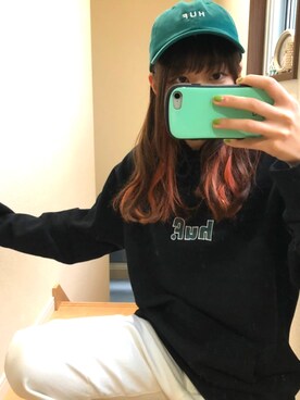 「HUF（ハフ）のESSENTIALS OG LOGO CV HAT　HUF CAP / ハフ キャップ（キャップ、グリーン系）」を使った、あめさんの春コーディネート