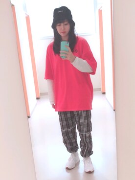 「OY（オーワイ）のピグメント加工半袖Tシャツ/カットソー（Tシャツ/カットソー、ピンク系）」を使った、あめさんの夏コーディネート