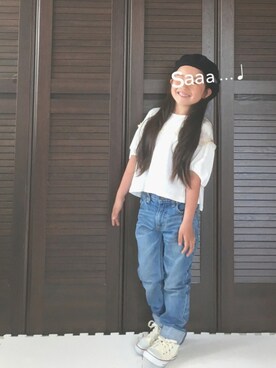 「kladskap（クレードスコープ）のアイテム（ハンチング/ベレー帽）」を使った、sawanico◡̈⃝︎さん（キッズ・135cm）の夏コーディネート