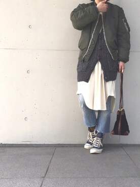 「VINTAGE（ヴィンテージ）のアイテム（ミリタリージャケット、グリーン系）」を使った、KAMILi tomoko ogawaさん（レディース・157cm）の冬コーディネート