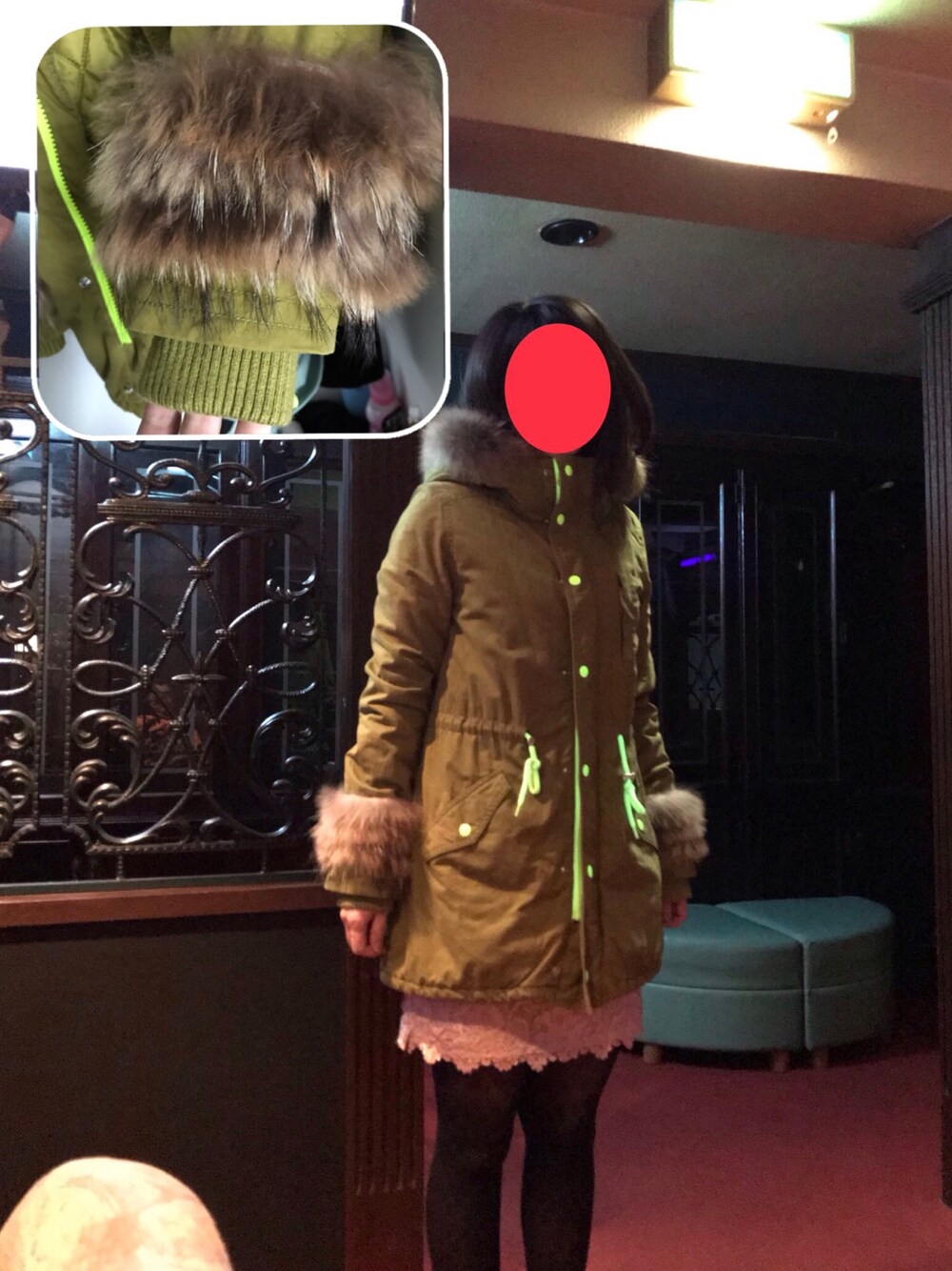 「ロデオクラウンズ、rodeo crowns、モッズコート、モッズコート カーキ、ファー、古着、アラフォー、蛍光カラー、雪国」｜「Rodeo Crownsのモッズコート（モッズコート、グリーン系）」を使った、ちゃーまぁさん（レディース・162cm）の冬コーディネートの1枚目の写真