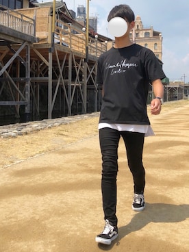 「fitfor（フィットフォー）のSafari掲載【LOVELESS】MENS fitforコラボカーシヴロゴT（Tシャツ/カットソー、ブラック系）」を使った、Goukiさん（メンズ・173cm）の夏コーディネート