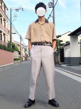 「CIAOPANIC（チャオパニック）の襟配色オープンカラー半袖シャツ/ボーリングシャツ（シャツ/ブラウス、ベージュ系）」を使った、Goukiさん（メンズ・173cm）の夏コーディネート