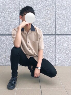 「CIAOPANIC（チャオパニック）の襟配色オープンカラー半袖シャツ/ボーリングシャツ（シャツ/ブラウス、ベージュ系）」を使った、Goukiさん（メンズ・173cm）の夏コーディネート