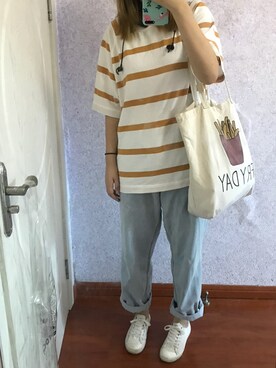 「UNIQLO（ユニクロ）のアイテム（Tシャツ/カットソー、イエロー系）」を使った、D酱さん（レディース・170cm）の夏コーディネート