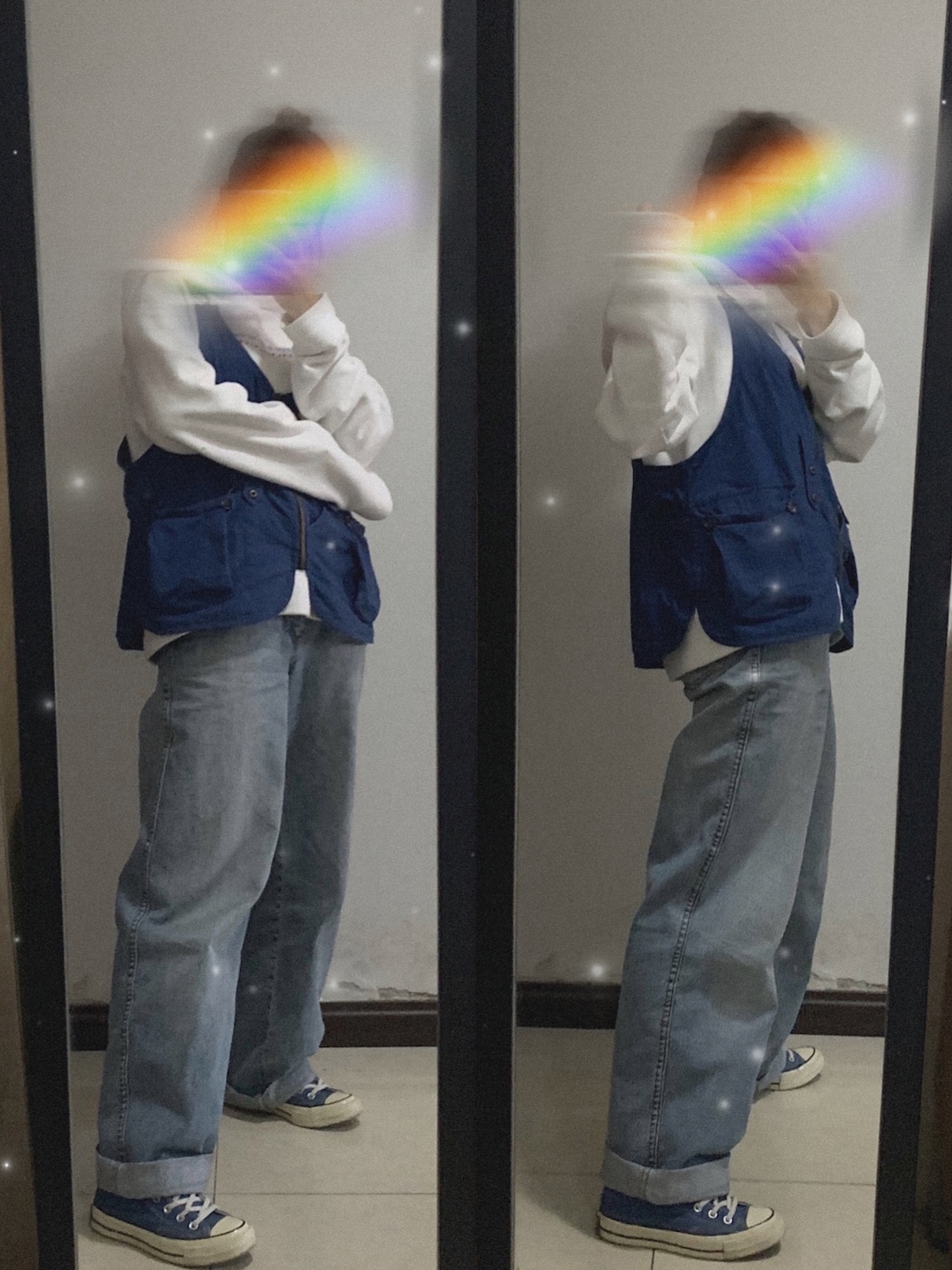 「converse、oversize、牛仔裤、古着MIX、工装、卫衣、blue、cool」｜「CONVERSEのアイテム（スニーカー、ブルー系）」を使った、TangYNさん（レディース・165cm）の秋コーディネートの1枚目の写真