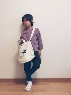「devirock（デビロック）のアイテム（トートバッグ）」を使った、Hayatoさん（キッズ・120cm）の春コーディネート