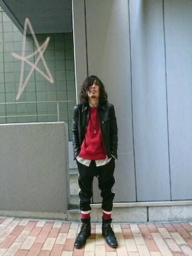 「ソックス」｜「アイテム（ライダースジャケット）」を使った、shin .さん（メンズ・165cm）の冬コーディネート