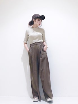 「earth music&ecology（アースミュージックアンドエコロジー）のリラックスリネンワイドパンツ＊（その他パンツ）」を使った、なかのんさん（レディース・151cm）の夏コーディネート