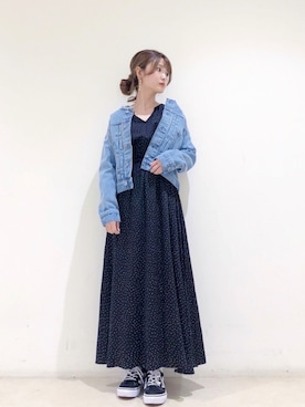 「ドットワンピ」｜「アイテム（ブルゾン）」を使った、なかのんさん（レディース・151cm）の春コーディネート