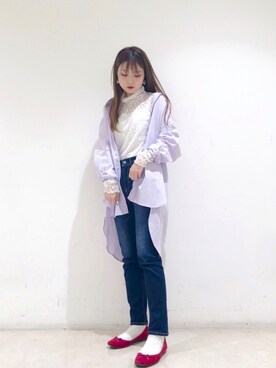 「earth music&ecology（アースミュージックアンドエコロジー）のシアーレース長袖インナー ＊（Tシャツ/カットソー）」を使った、なかのんさん（レディース・151cm）の春コーディネート