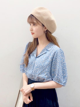 「ブルーコーデ」｜「アイテム（ハンチング/ベレー帽）」を使った、なかのんさん（レディース・151cm）の夏コーディネート